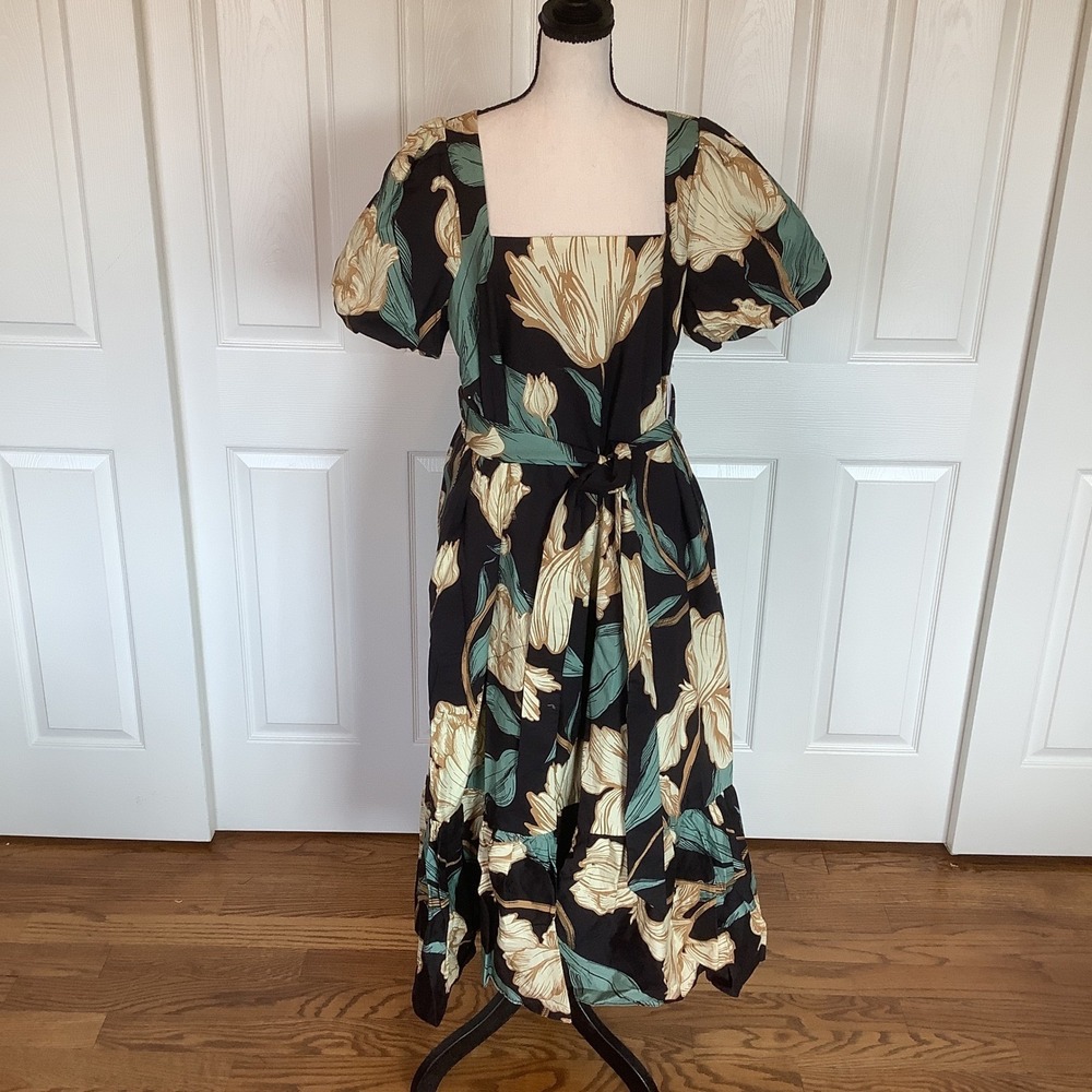 Mestiza‎ New York Floral Print Midi Dress Square Neck Tie Waist XL NWT